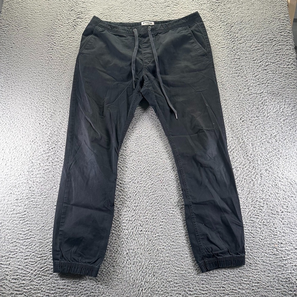 Express Pant Men 36x29 Black Cotton Jogger Tapered Leg Drawstring Running Travel